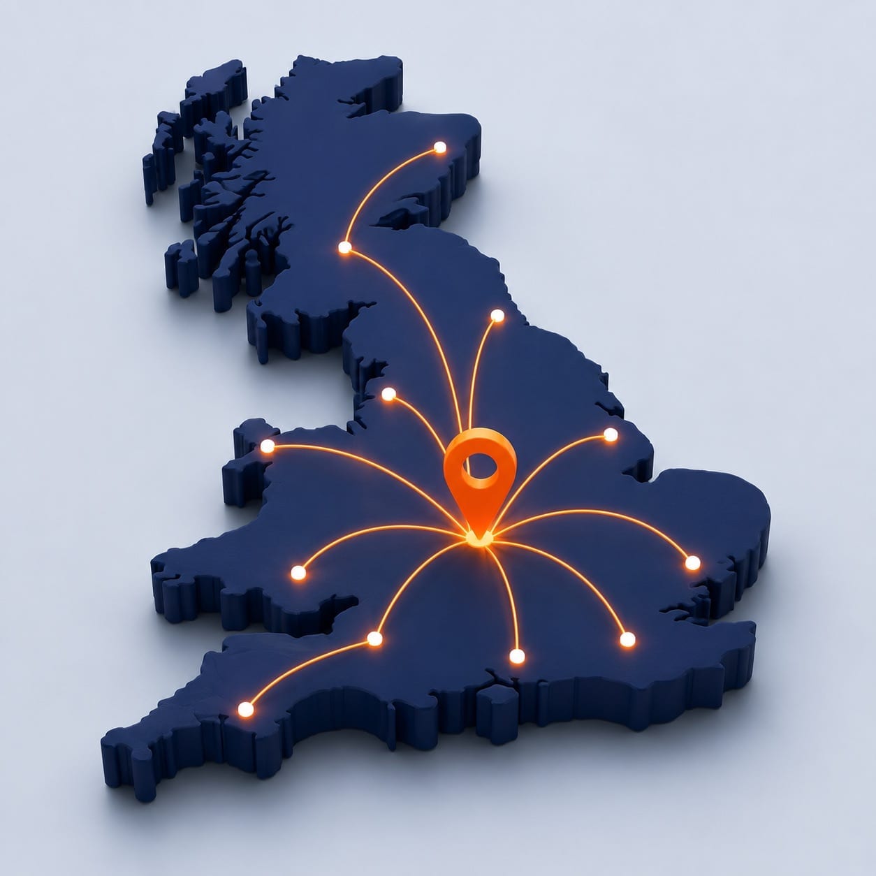 3D map of Great Britain with routes radiating from Birmingham